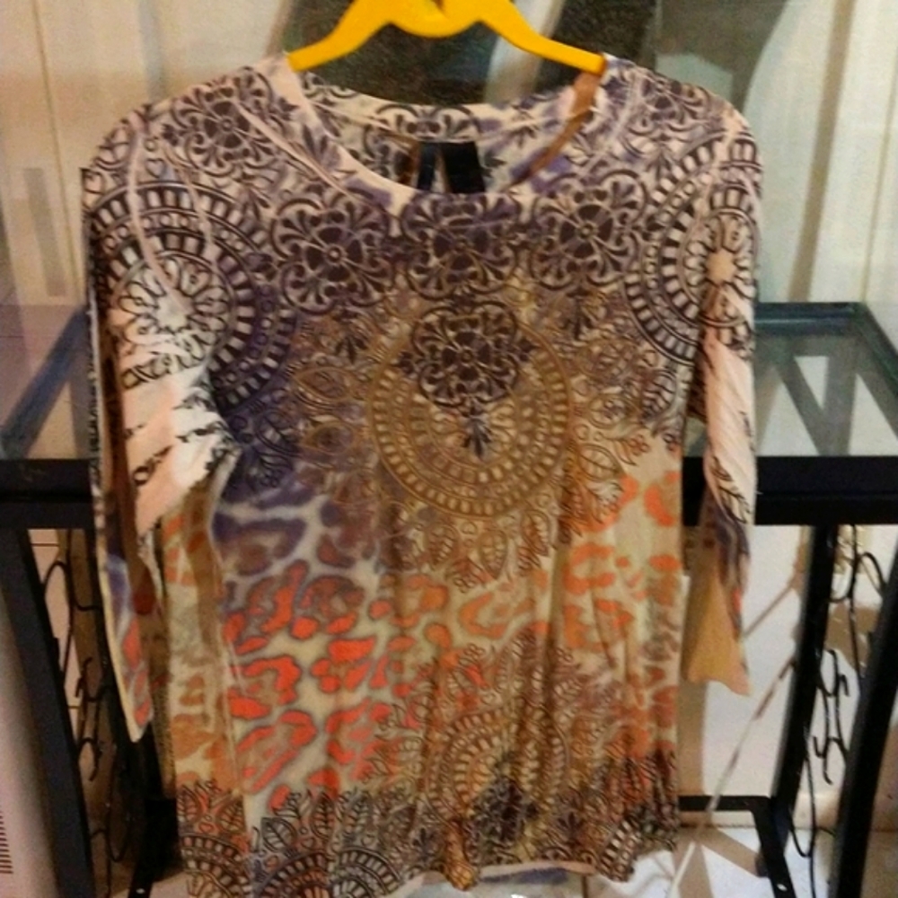 BOUTIQUE- LEOPARD MOTIF MIDSLEVE, LONG WAISTED BLOUSE./LG. (SW0119